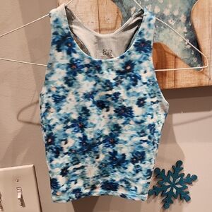 EUC Athleta Girl Blue Floral Racerback Crop Top Sz LG (12) No Bra Pads